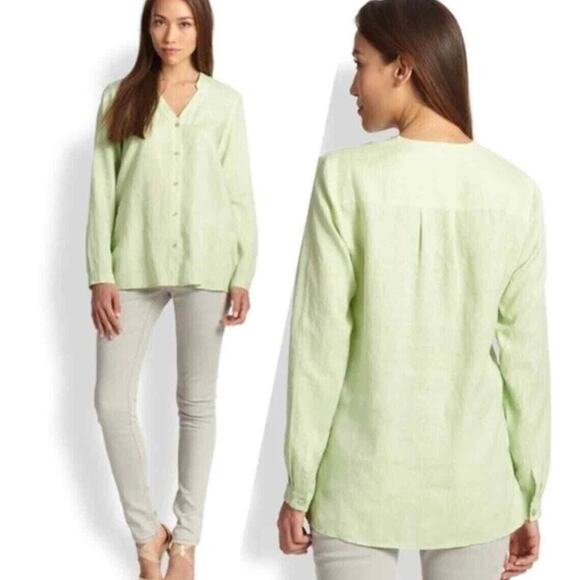 Eileen Fisher 100% Irish Linen Button Front Shirt Green Large Top Coastal Beachy - Picture 16 of 16